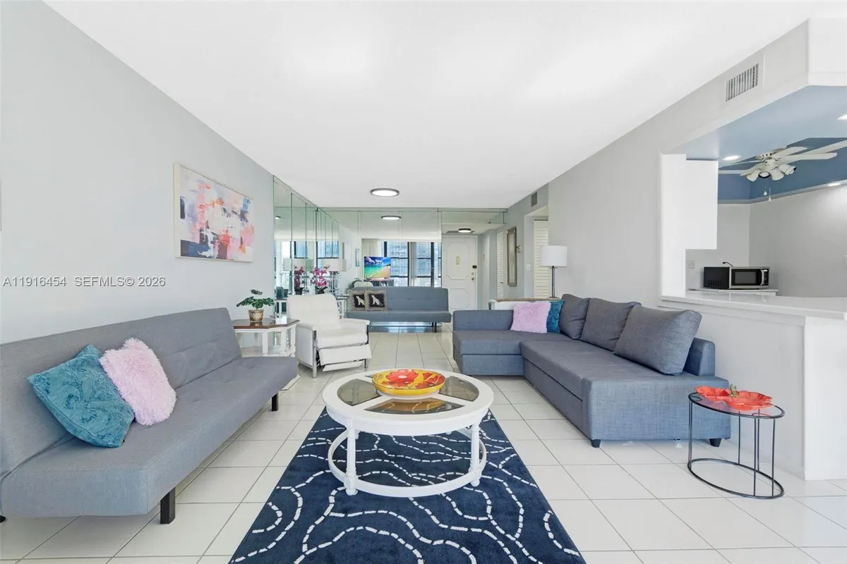 Very bright and extremely spacious living area. Tile flooring. Unit can be purchased furnished too! - Oceanview Park Condominium, Three Islands, Hallandale Beach, FL 33009. 1000 Parkview Drive, Unit #518.